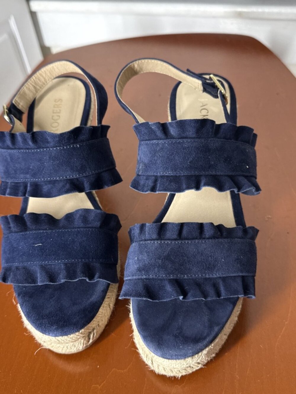 Jack Rogers Rosie Ruffle Wedge In Navy Blue Suede Women's Size 7.5M Espadrille